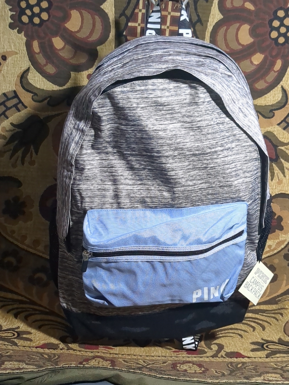 PINK Victoria's Secret Grey Heather Backpack with Light Blue Front Pocket